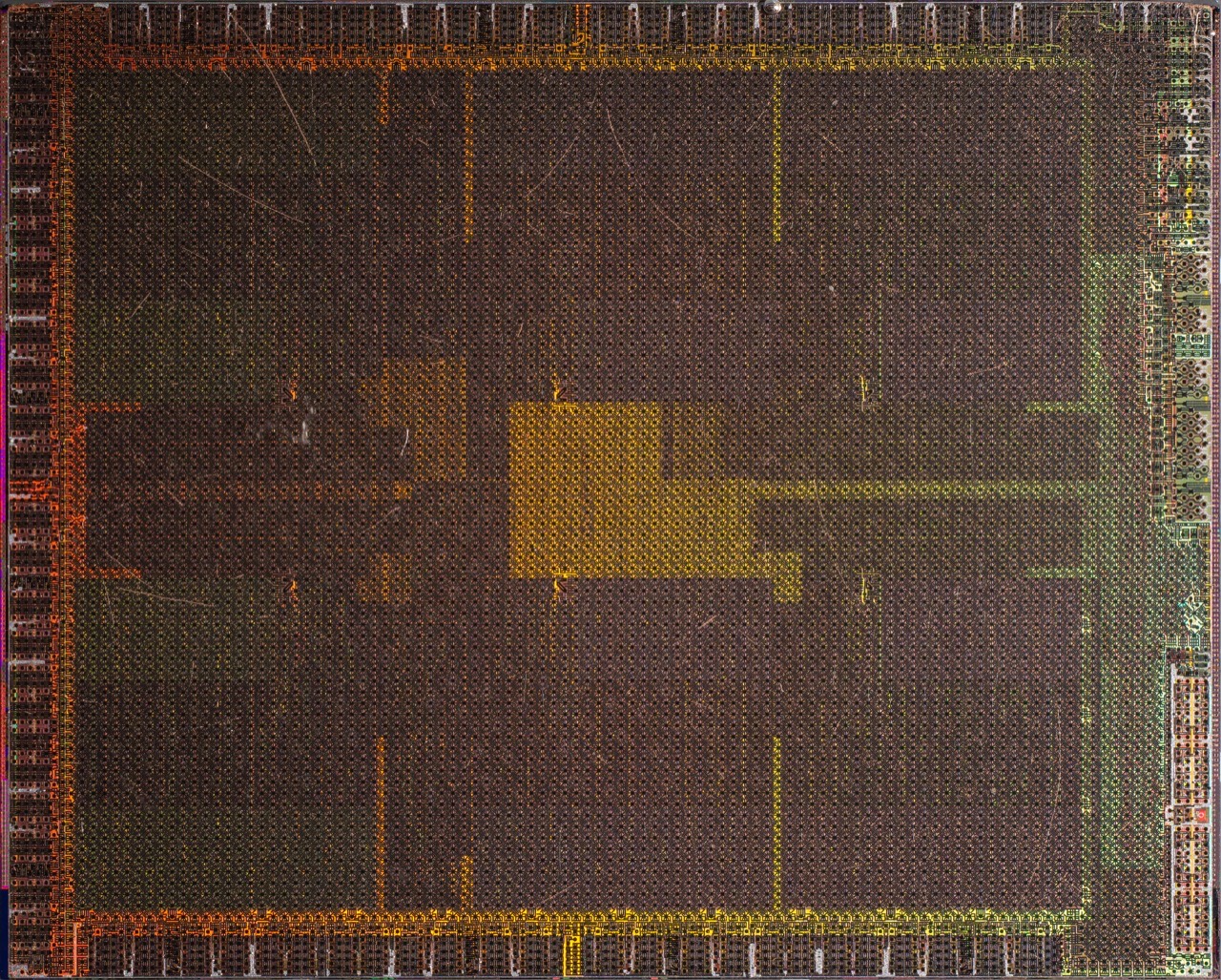 Bare-die photograph of the NVIDIA GP102 (GTX 1080 Ti), top metal layer
